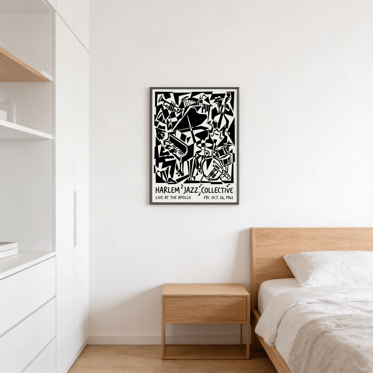 Harlem Jazz Print on a bedroom wall with black and white abstract jazz band artwork above a wooden bedside table