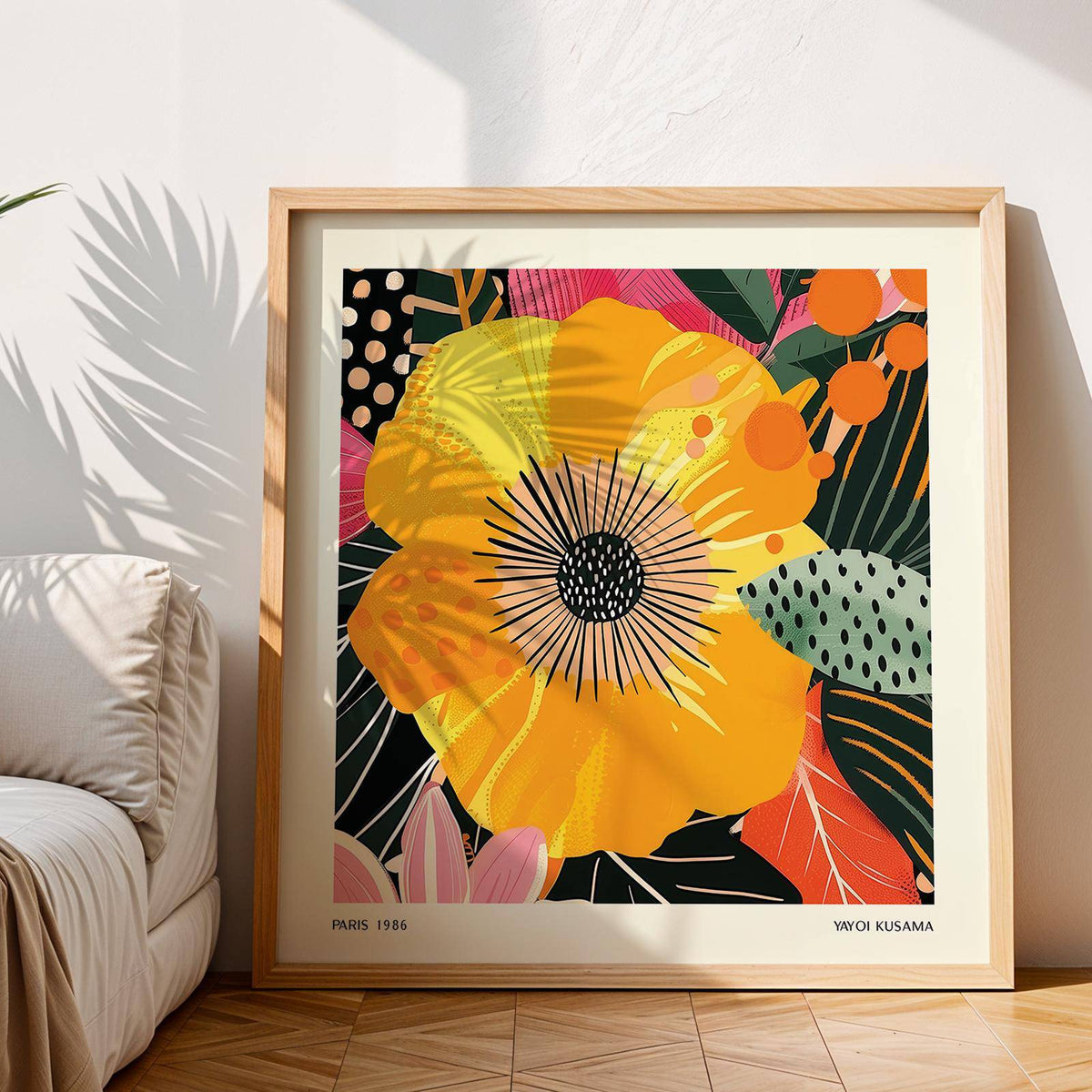 Framed close-up of yellow flower art with black and pink details leaning on wooden floor by a beige sofa
