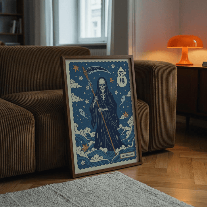 Shinigami art print leaning on a brown sofa with a soft light setting and an orange lamp nearby