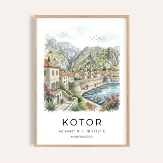Framed Kotor Landscape Art Print with a watercolour townscape and mountain background
