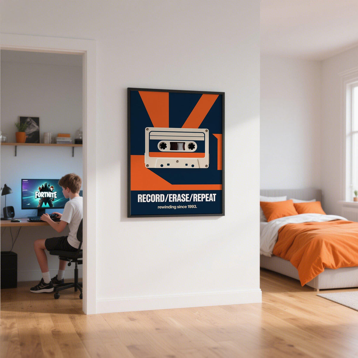 Cassette Tape wall art with orange and navy blue geometric shapes in a bedroom hallway