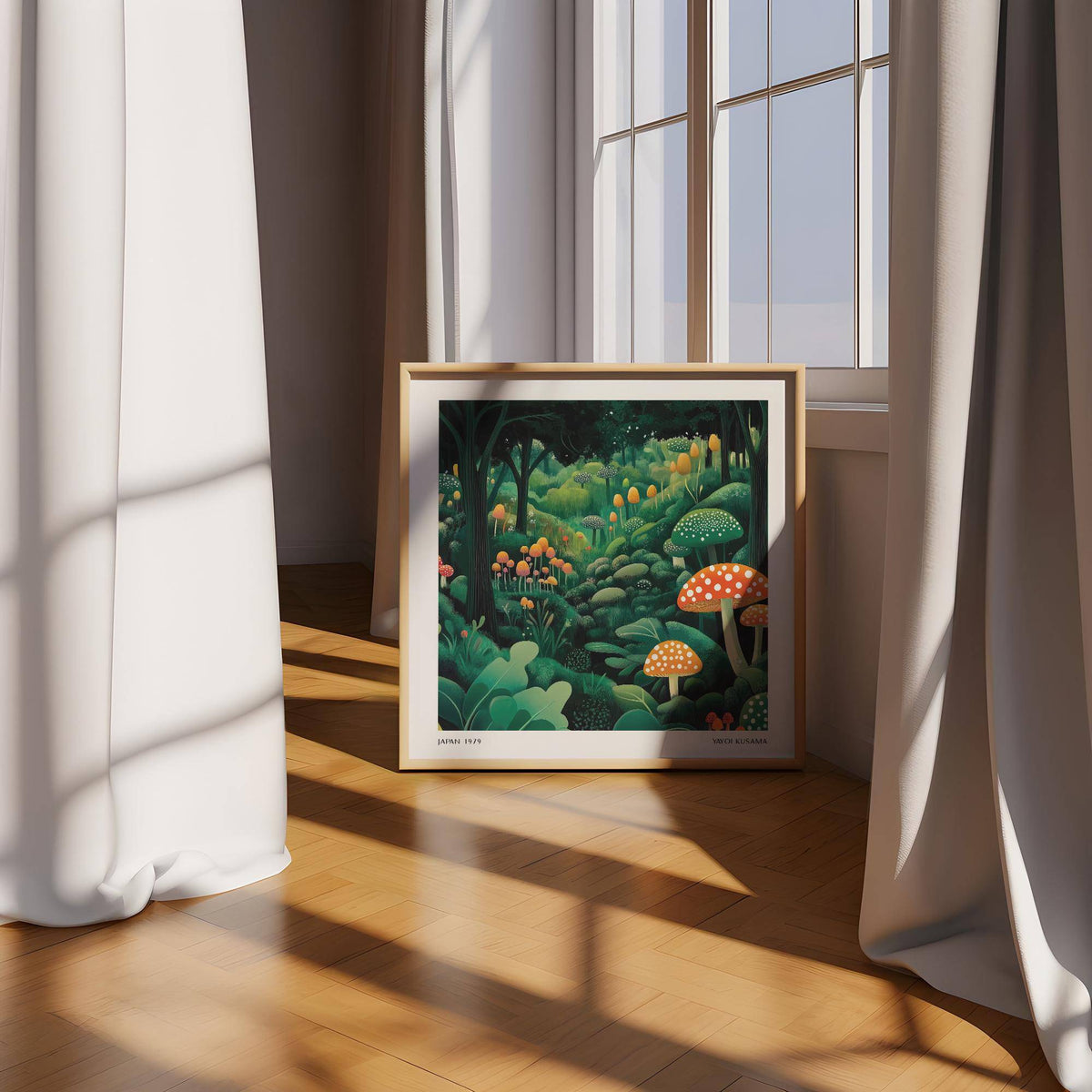Enchanted forest wall art leaning against a window with sunlight and curtains around