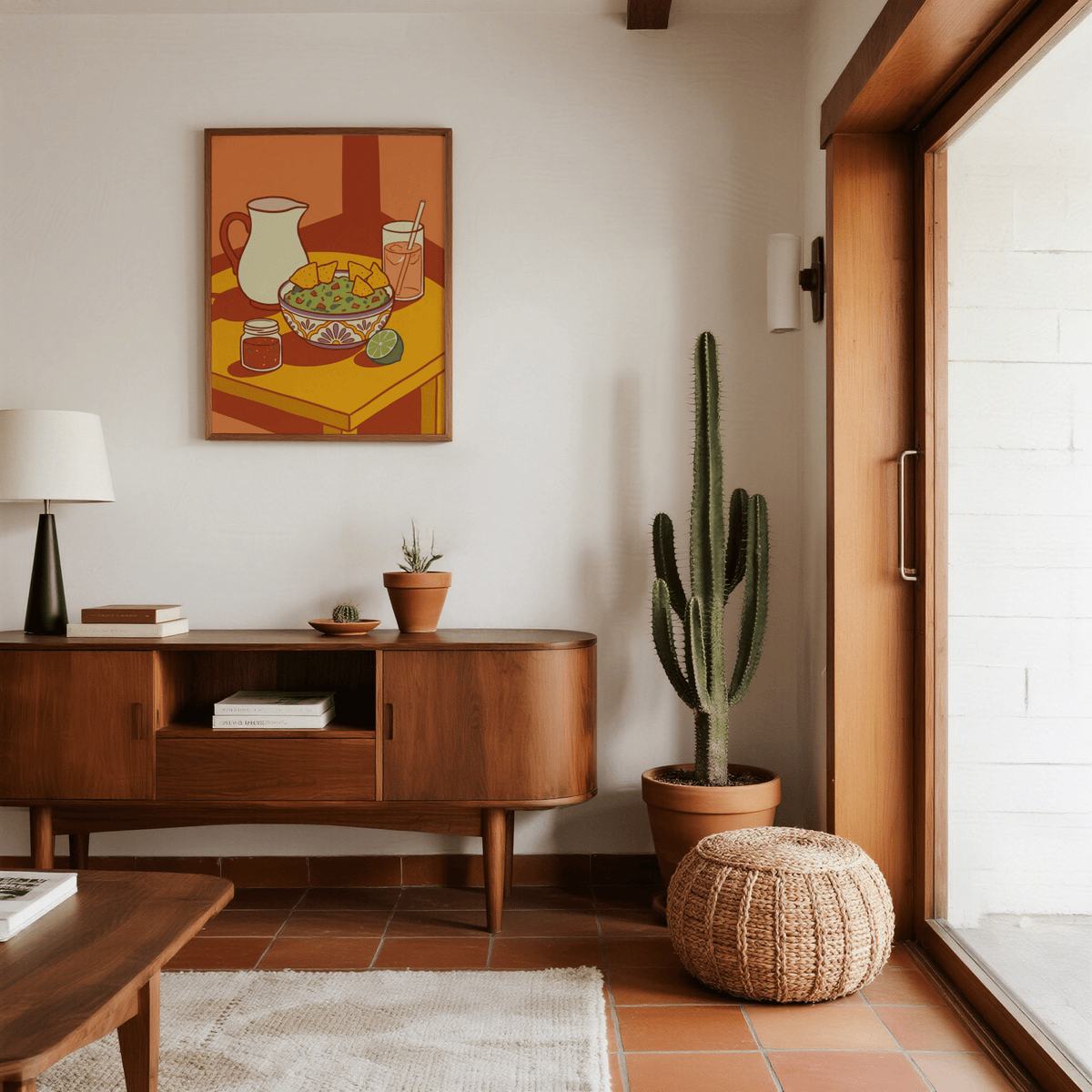Mexican Cuisine wall art with colourful bowl of guacamole and nachos above a wooden sideboard in a bright living room