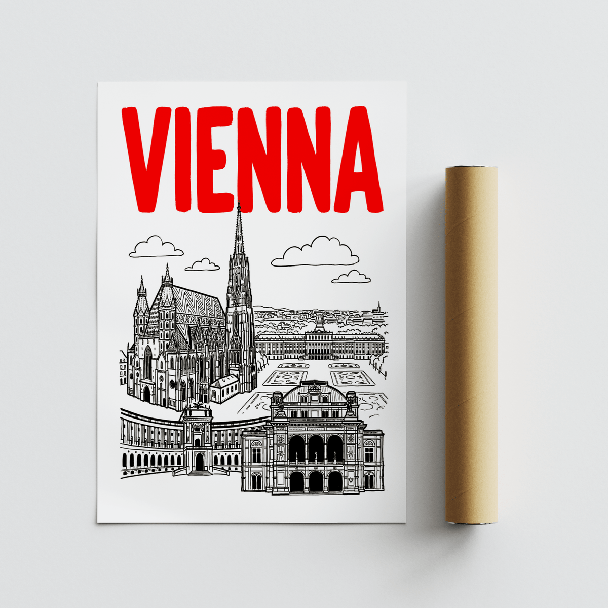 Rolled Vienna Cityscape Print with bold red title and black line-art landmarks alongside a packaging tube