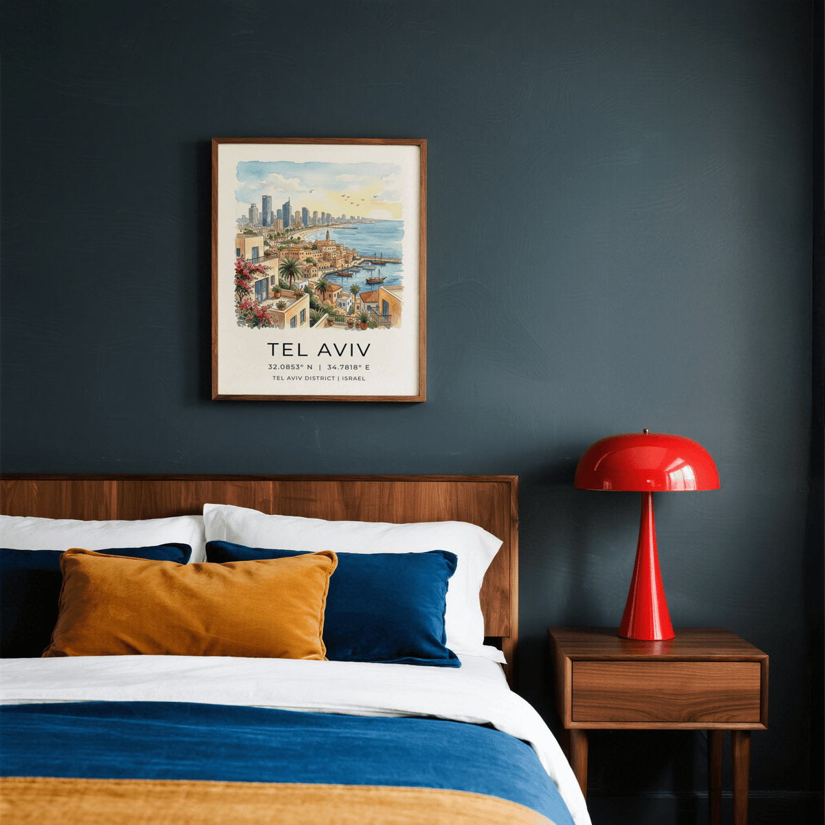 Tel Aviv Art Print framed on dark wall above bed with blue and brown cushions and red lamp