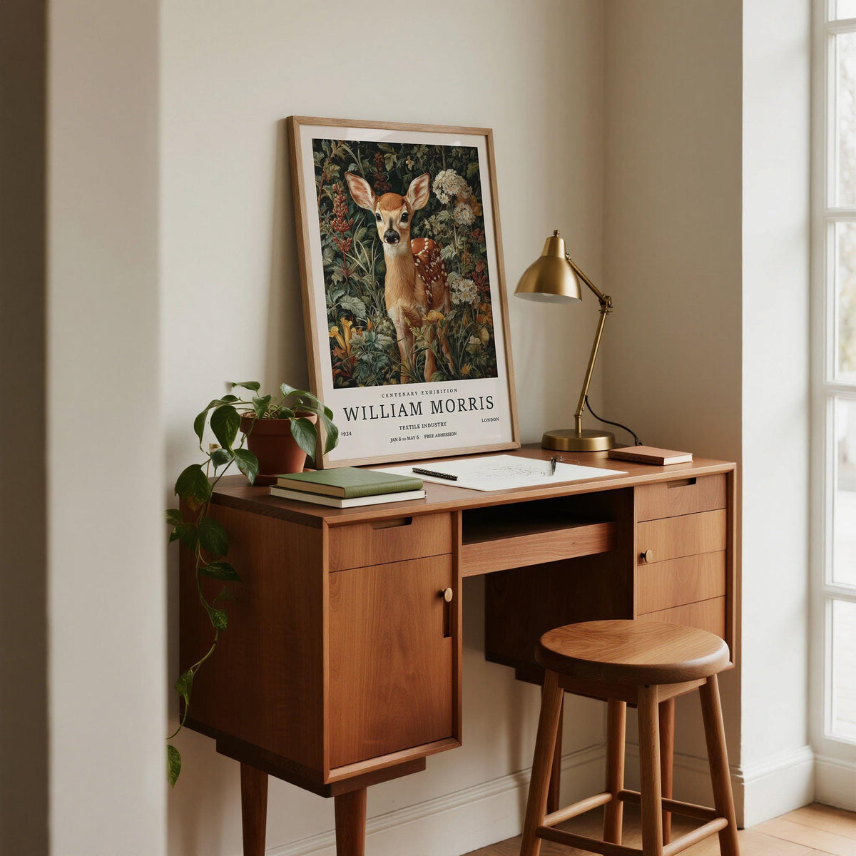 Forest art print of a fawn in a detailed botanical illustration leaning on a wooden desk beside a plant and lamp