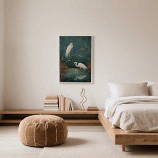 Egret Wall Art showing two white egrets in a green and brown botanical-illustration style in a minimalist bedroom above a wooden shelf