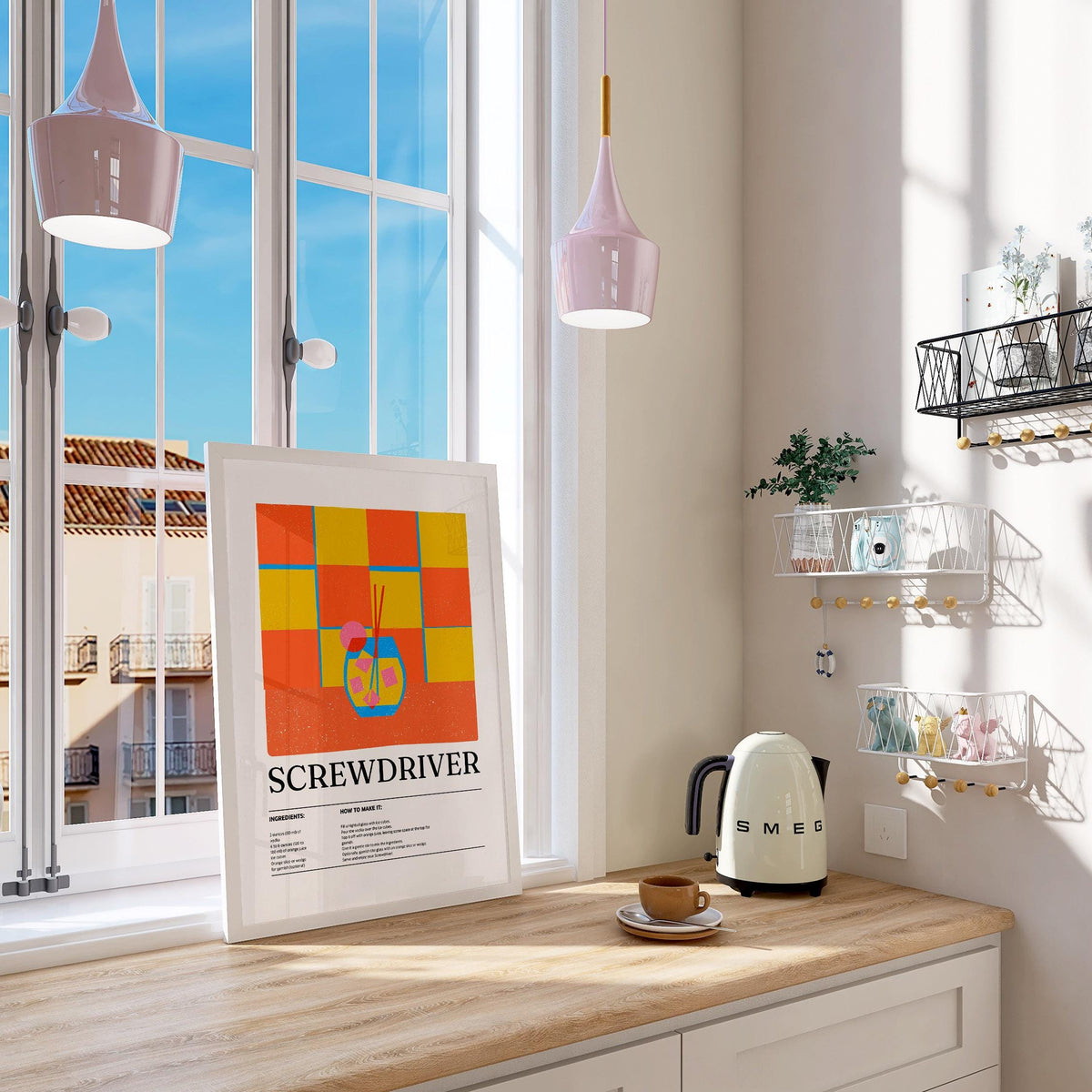 Art Prints Kitchen with screwdriver cocktail print leaning on a wooden counter near window and kettle