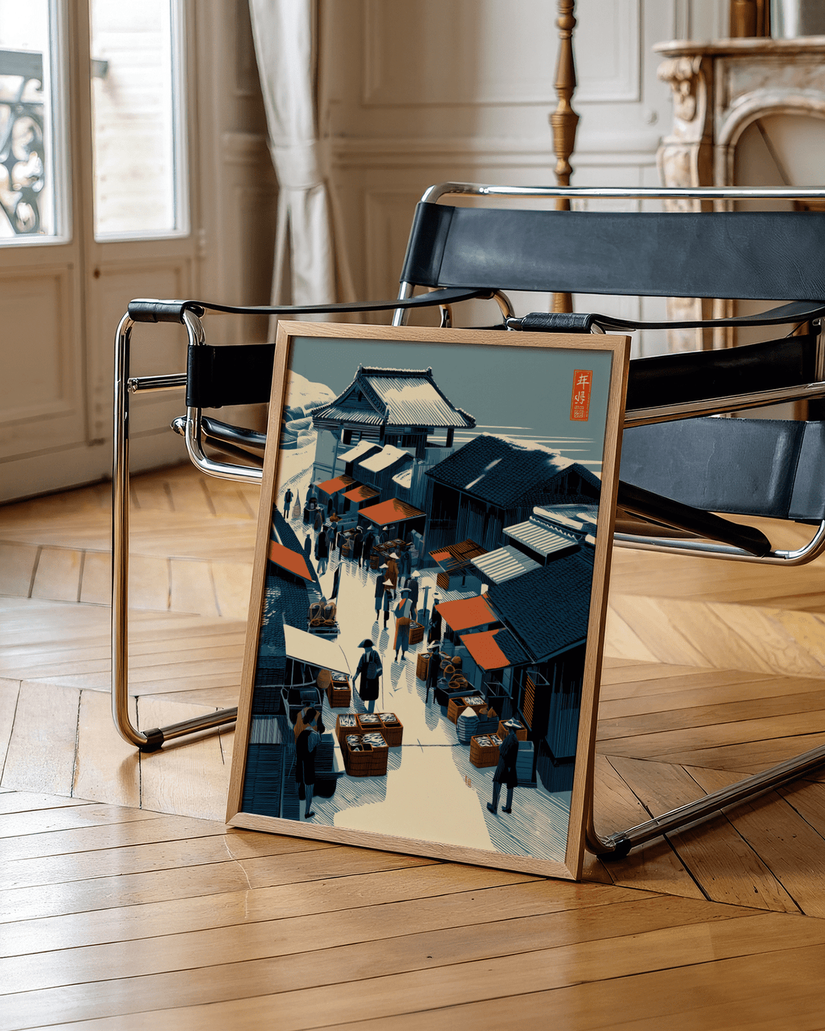 Print leaning on a chair of Asian Market Wall Art with traditional market scene in muted blues and reds