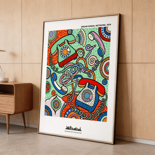 Vintage Telephone Art Print leaning against a wooden wall near a cabinet showing colourful pop-art style rotary phones