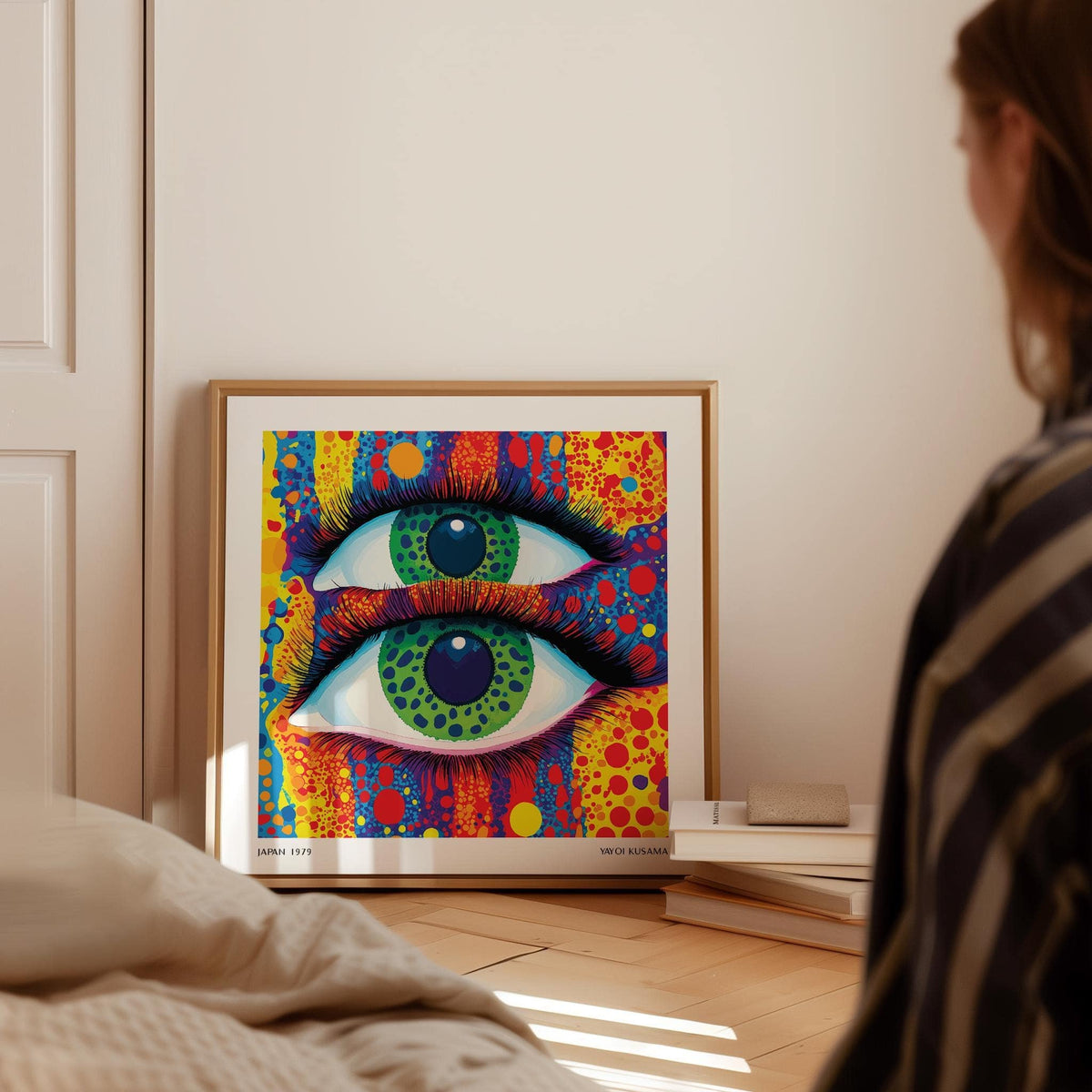 Colorful Pop Art print leaning on the floor by a stack of books with warm natural light