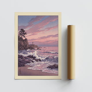 Rolled print with packaging tube of a rocky coastline at sunset in japanese woodblock style