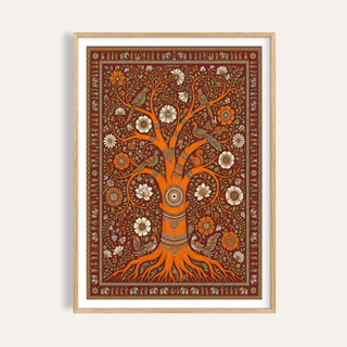 Framed print close-up of Tree Of Life Art with decorative orange tree in folk-art style