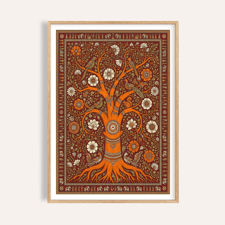 Framed print close-up of Tree Of Life Art with decorative orange tree in folk-art style