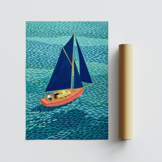 Colorful Sailboart Poster flat laid beside a brown packaging tube showing a sailboat with blue sails and a coral hull