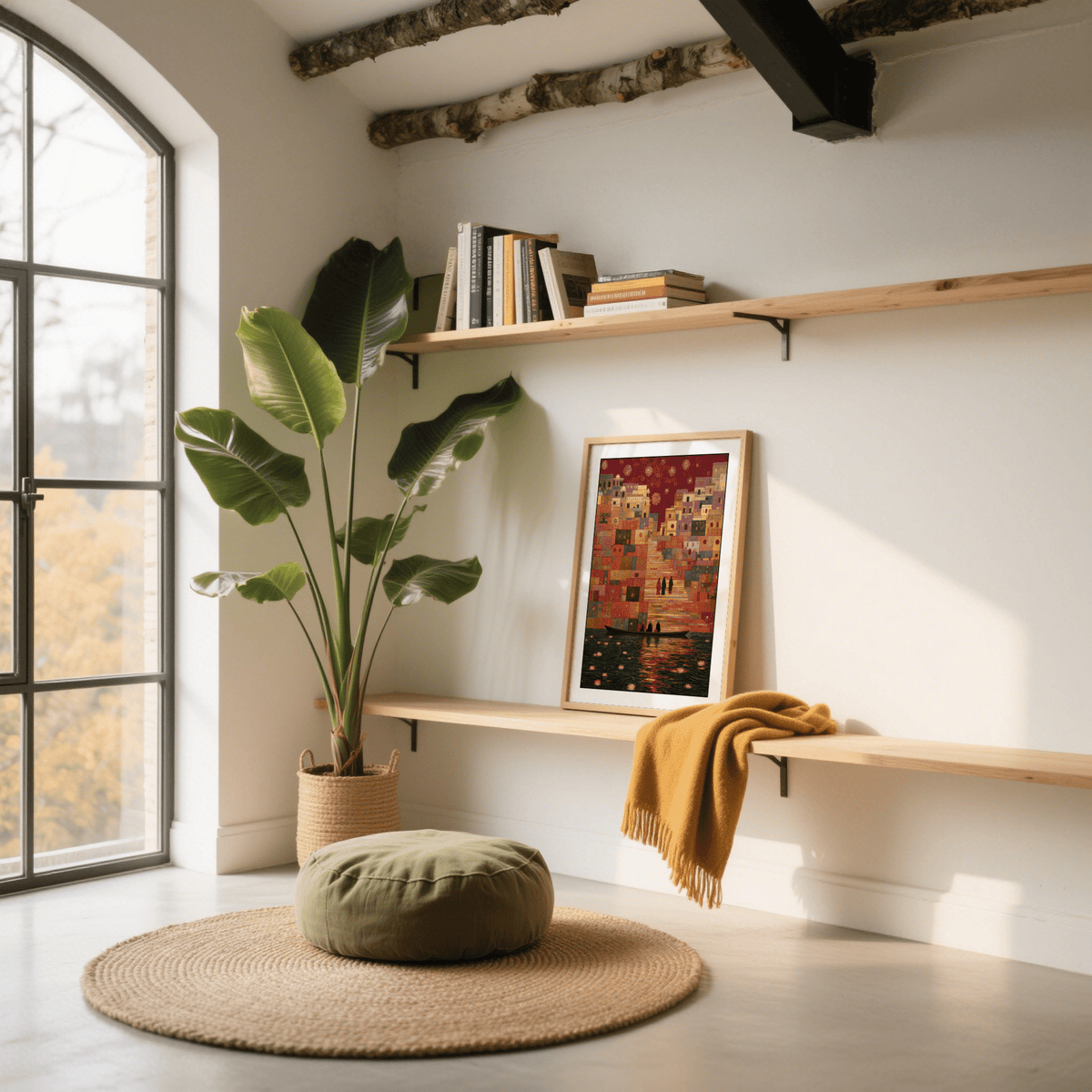 Print on a wall in a sunlit room with neutral colours and a green plant beside it