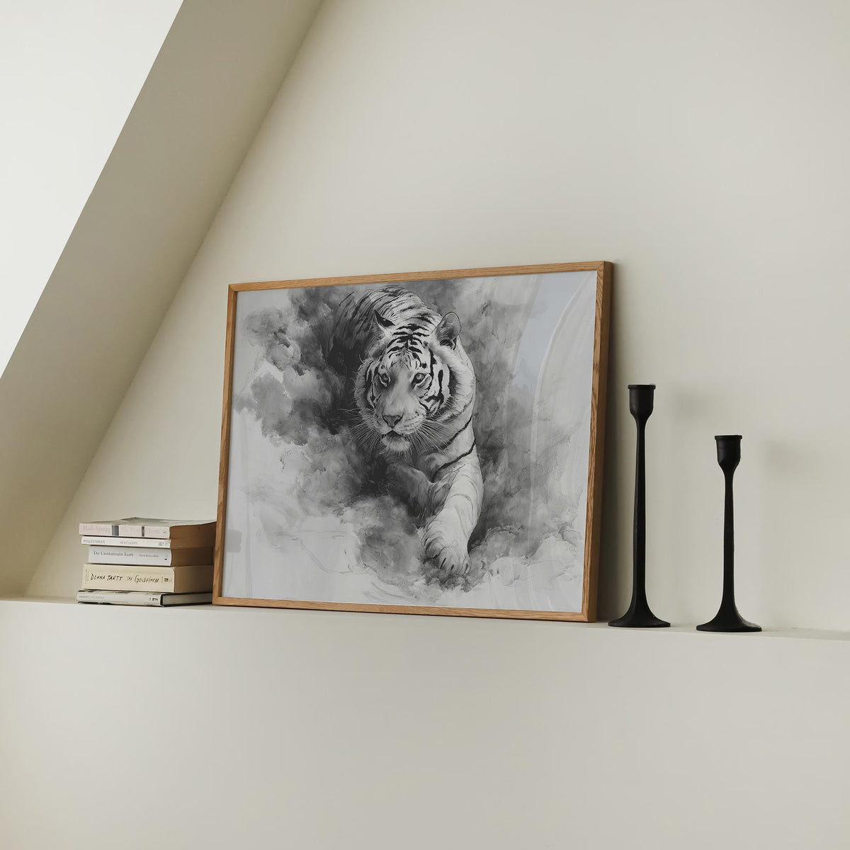 Landscape Tiger Print leaning on a shelf showing a white tiger in watercolour with a wooden frame next to candlesticks