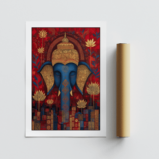 Print of elephant head with detailed gold and blue botanical motifs next to a brown packaging tube