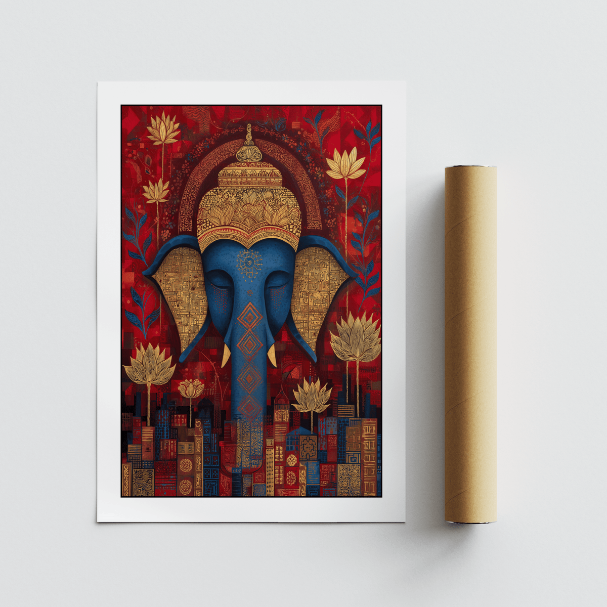Print of elephant head with detailed gold and blue botanical motifs next to a brown packaging tube