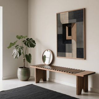 Abstract Wabi Sabi Print on a wall with earthy neutral geometric shapes above a wooden bench