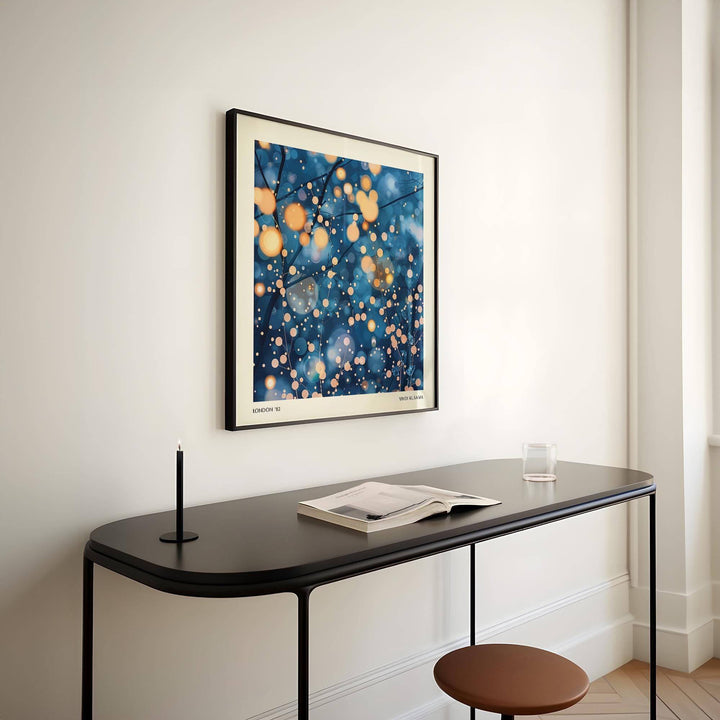 Modern Painting Prints wall art of glowing branches with orange and blue lights above a black console table