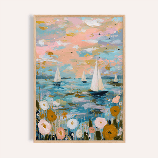 Sailboat wall art of sailboats on water in pastel pink blue and orange shades