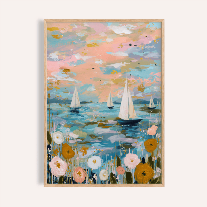 Sailboat wall art of sailboats on water in pastel pink blue and orange shades