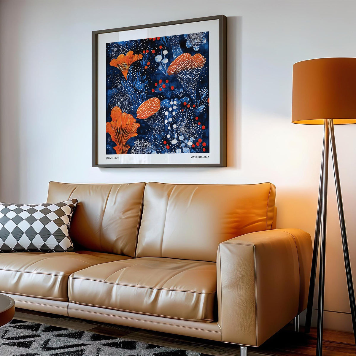 Blue Orange wall art with abstract orange floral pattern above a tan leather sofa with a geometric cushion