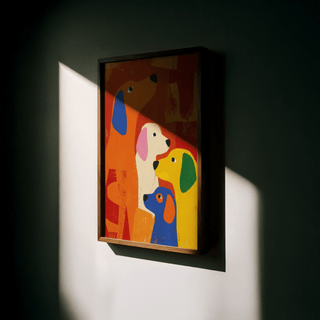 Framed Colorful Dog Print with orange red background and blue yellow dogs in shadow on wall