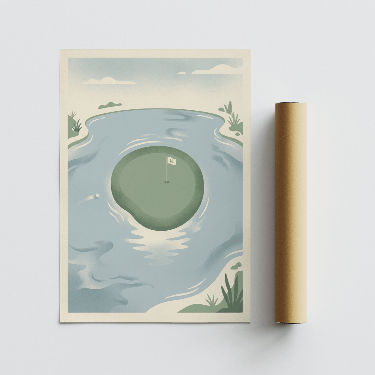 Serene Fairway 18th Hole wall art print with muted blues and greens alongside a packaging tube