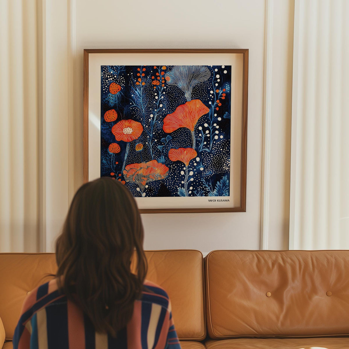 Abstract Flower Art framed print of coral dots pattern in orange and blue above a tan sofa