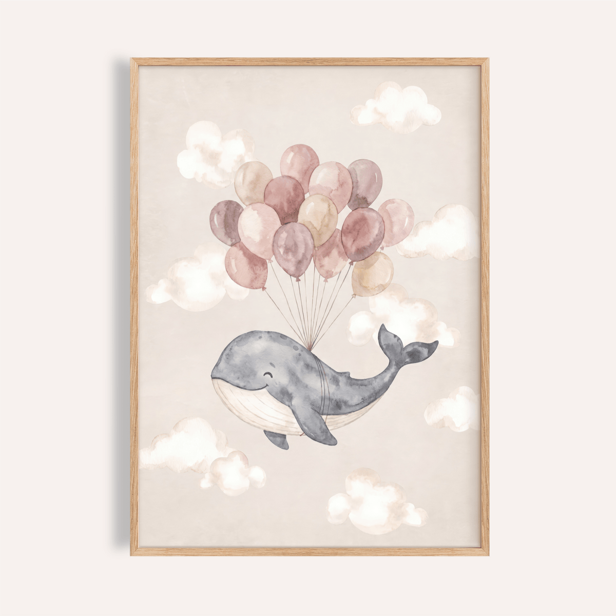 Moon And Sun Print of a whale with pastel balloons in watercolour style