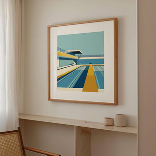 Pool print of an urban swimming pool in blue and yellow tones in a neutral room above a shelf