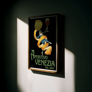 Vintage Aperitivo Print framed close-up featuring an apricot peel dancer in blue with polka dots in soft light