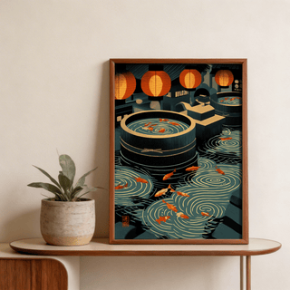 Framed Japanese Koi Art Print showing orange koi fish in water with blue and black tones on a wooden table with a plant