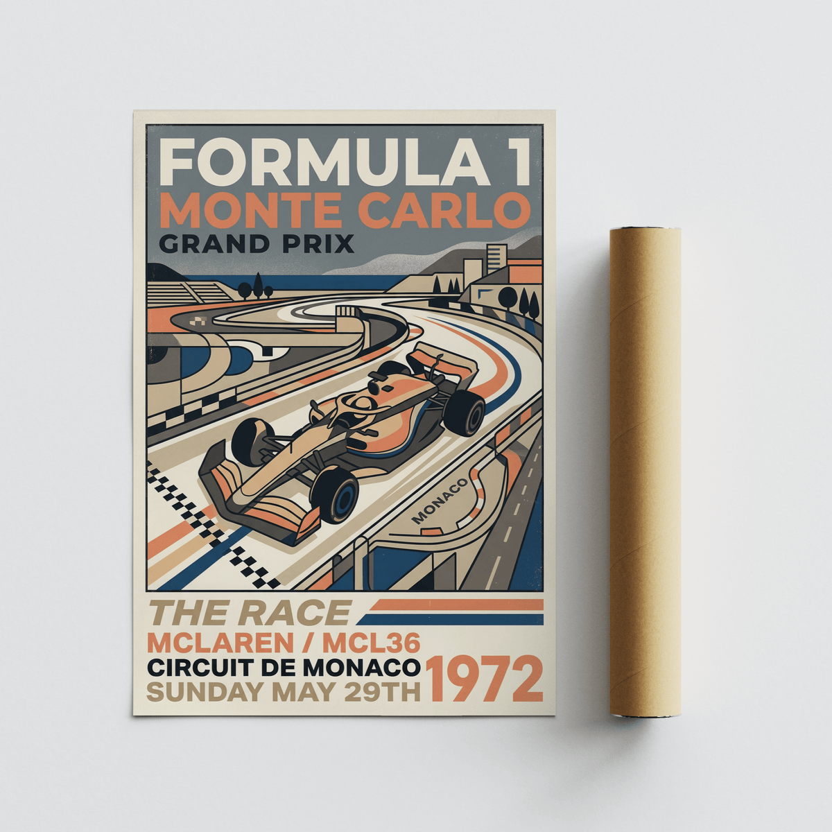 Track corner composition on Monte Carlo Retro Racing Poster with central race car and layered road stripes