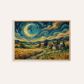 Framed print of an Impressionist Home Decor showing a swirling night village with a large crescent moon and golden fields