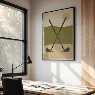 Crossed Golf Clubs Poster hanging above a desk in a bright room with a large window and desk lamp