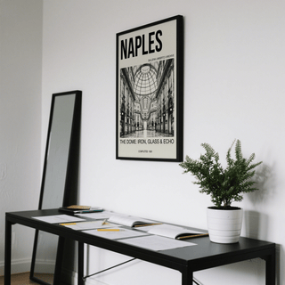 Galleria Umberto art print of the dome interior with black and white typography above a black desk with plant