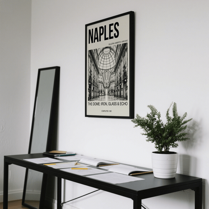 Galleria Umberto art print of the dome interior with black and white typography above a black desk with plant