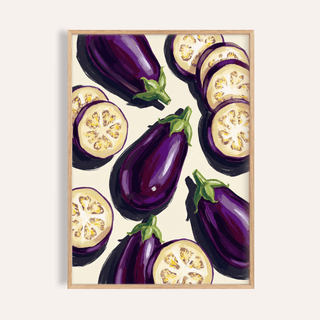 Framed aubergines art print with purple whole and sliced aubergines on a cream background