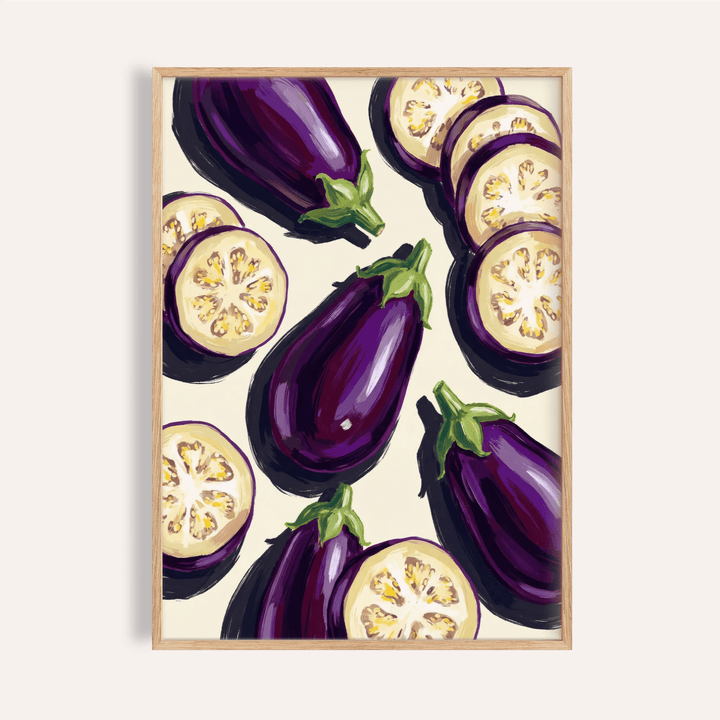 Framed aubergines art print with purple whole and sliced aubergines on a cream background