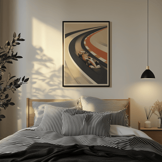 Vintage Motorsport Poster print of a retro race car on a curved track above a bed