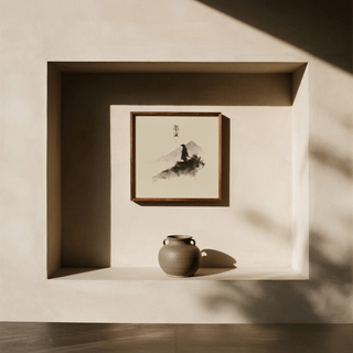 Samurai wall art in japanese ink tones hanging above a clay pot in a minimalist niche