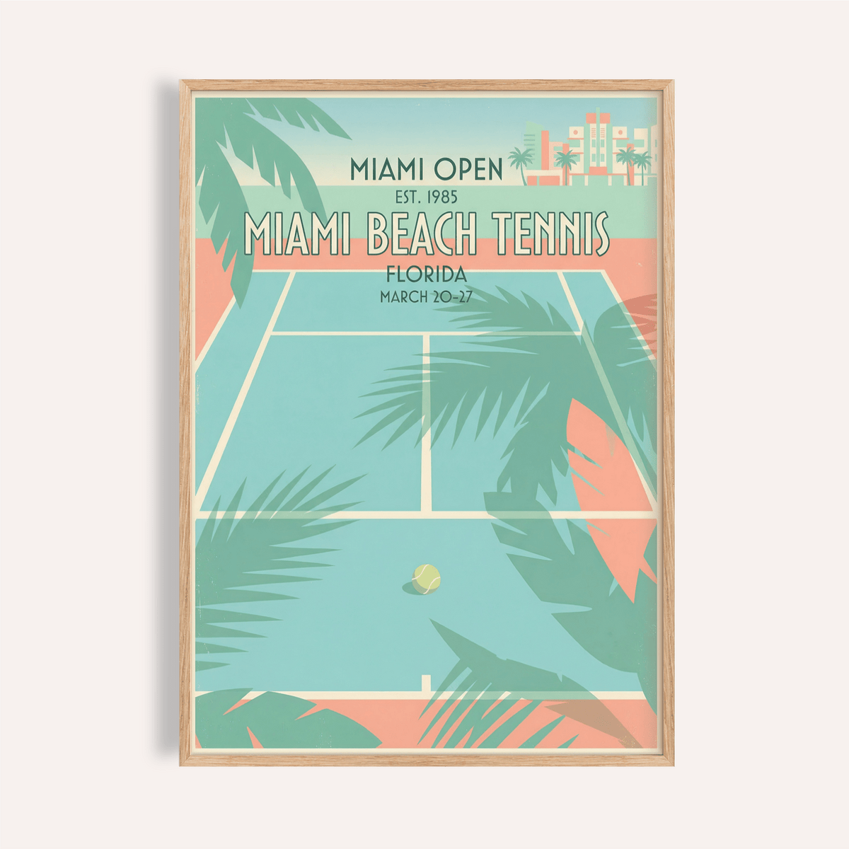 Framed print close-up of Miami Beach Tennis Print a tennis court with pastel blues and coral colours