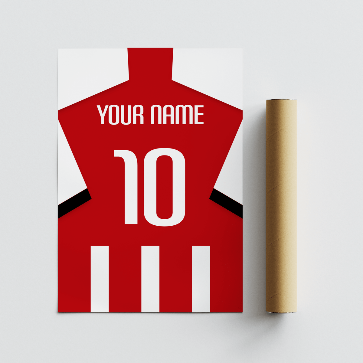 Football Shirt Poster in Red and White Stripes with White Number beside a brown packaging tube on a white surface