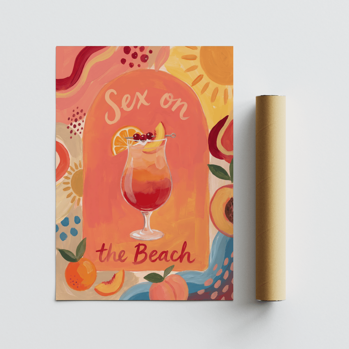 Colorful Drink Poster of a Sex on the Beach cocktail illustration in watercolour with warm tones and fruit details next to a packaging tube