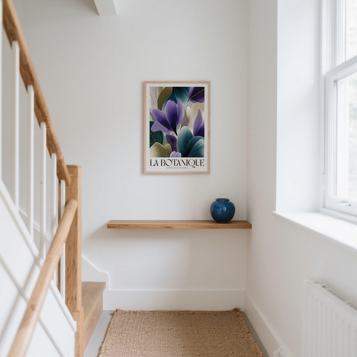 Plant poster of violet flower petals in purple and green above a wooden shelf with a blue vase