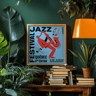 Music wall art of a red saxophone player on blue background above a pile of books with plants nearby