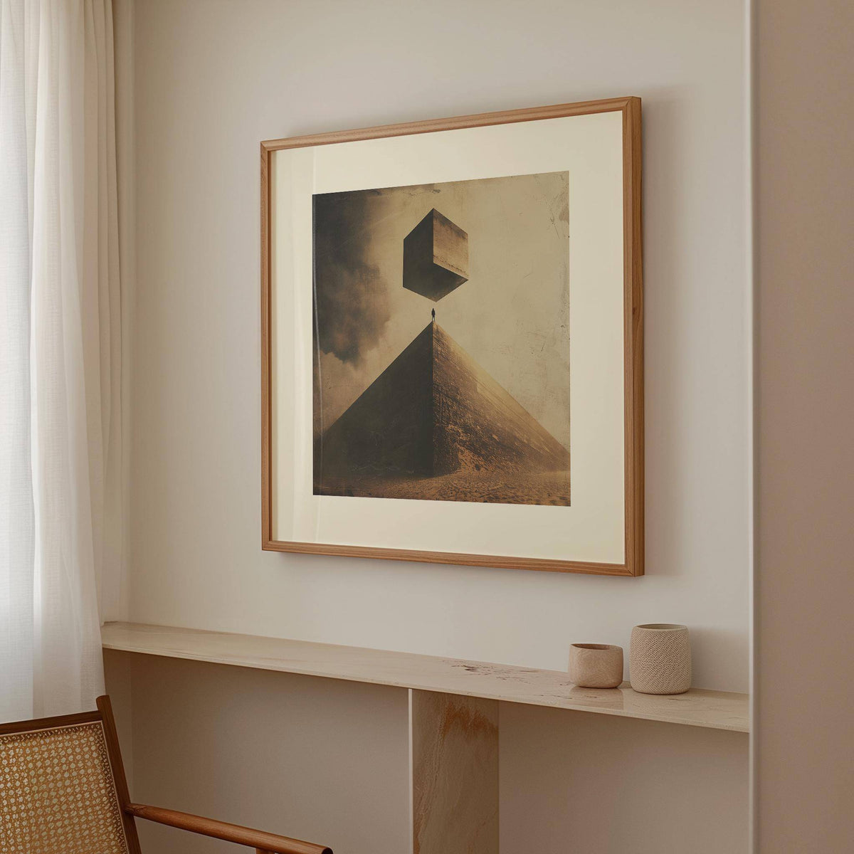 Neutral Color Wall Art of a surreal pyramid with floating cube above a wooden shelf with two small pots